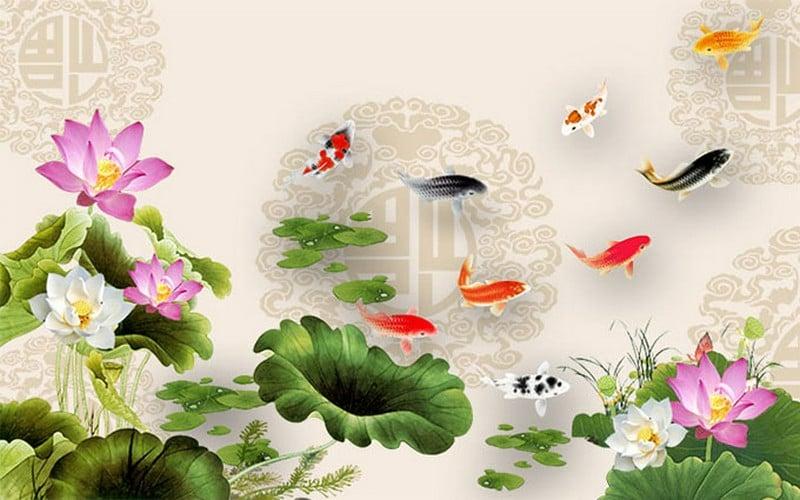 Tranh Cửu Ngư Quần Hội trong đầm sen biểu trưng cho sự sung túc, thịnh vượng và hạnh phúc viên mãn