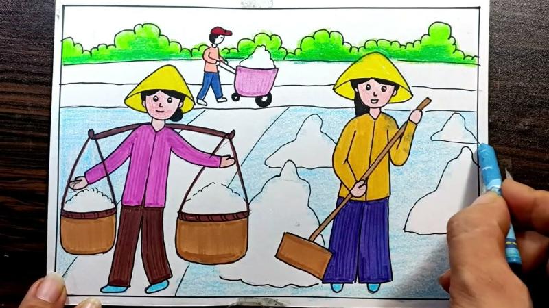 Bức tranh vẽ về làng quê thu hoạch