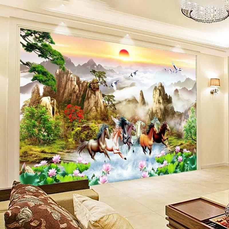 Tranh dán tường phong cảnh hùng vĩ với đàn ngựa, tạo điểm nhấn ấn tượng cho không gian