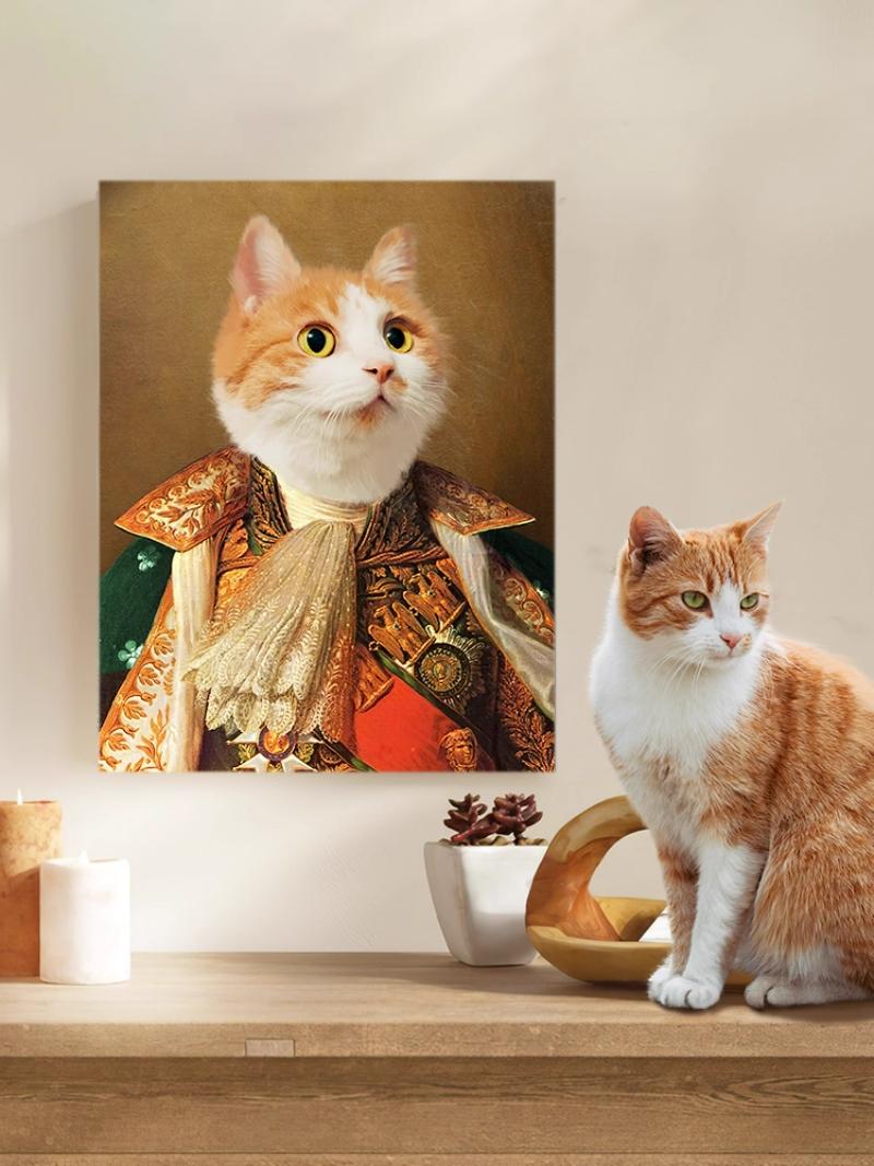 Một bức tranh sơn dầu độc đáo, kết hợp giữa hình ảnh mèo và phong cách hoàng gia
