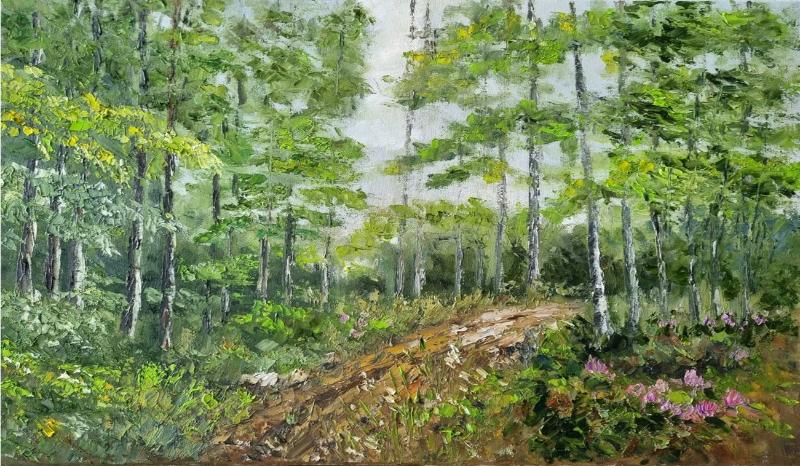 Tranh sơn dầu mô tả lối mòn trong rừng xanh