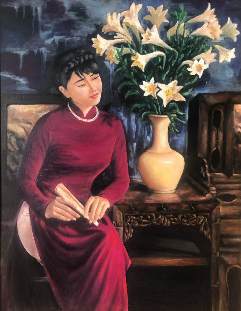 Tranh sơn dầu về cô gái và Hoa