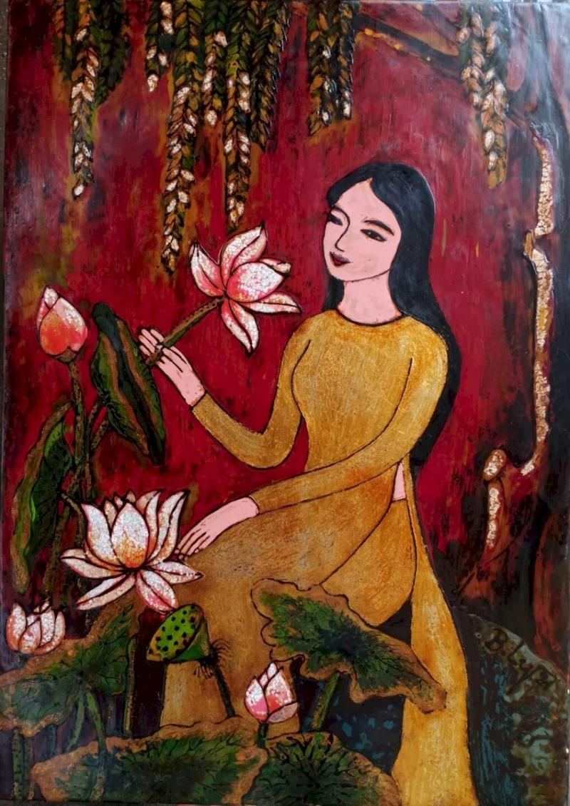 Bức tranh trang trí vẽ cô gái bên Hoa Sen