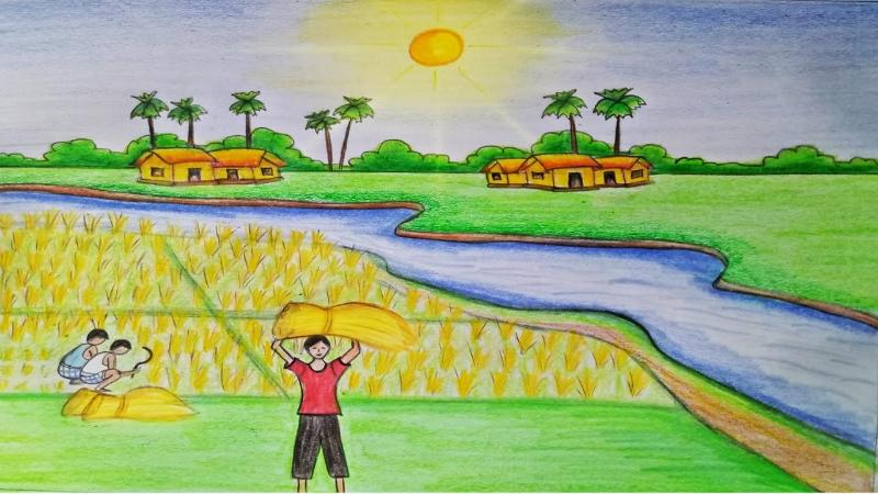 Tranh thu hoạch lúa đơn giản mà đẹp