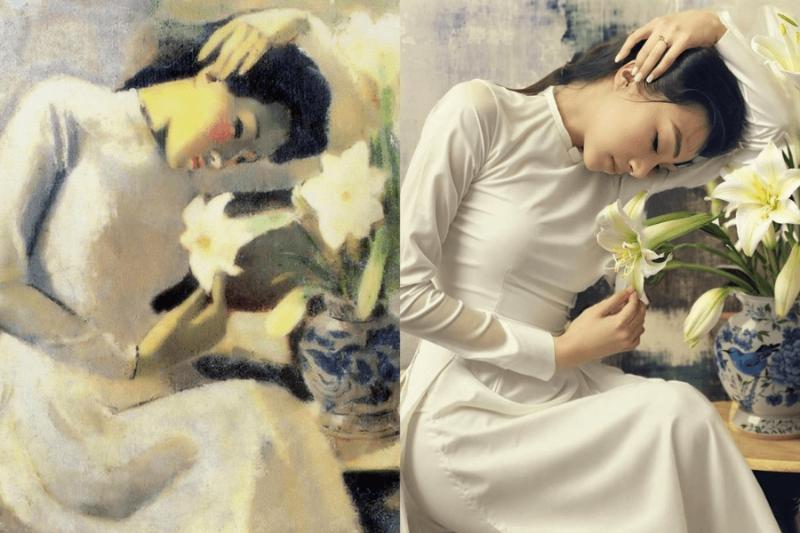 Tranh vẽ cô gái bên hoa Huệ