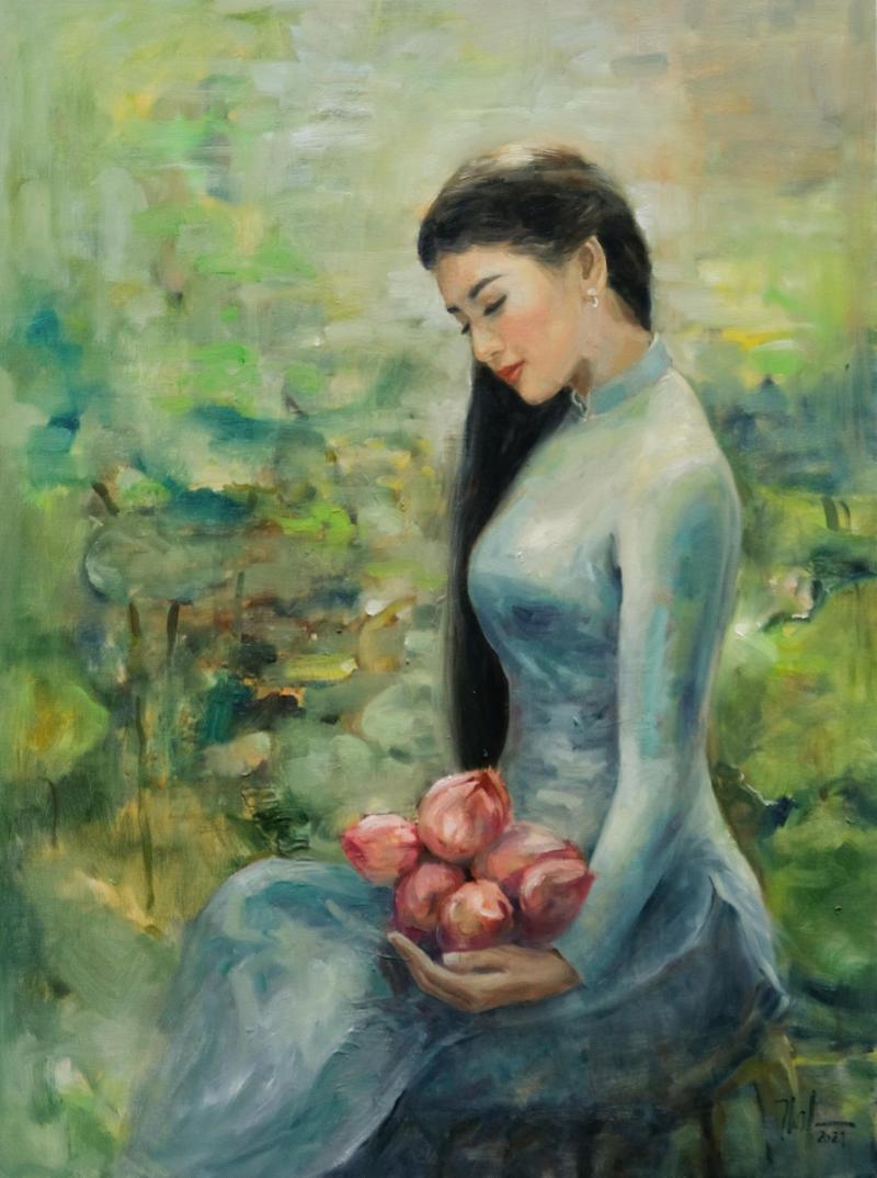 Tranh vẽ cô gái mặc áo dài vẻ đẹp truyền thống