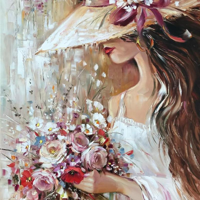 Tranh vẽ cô gái và Hoa phong cách hiện đại