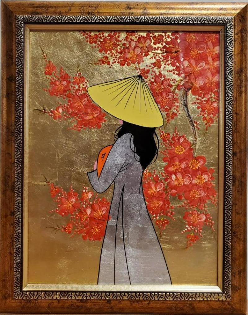 Tranh vẽ cô gái và Hoa phù hợp phòng khách