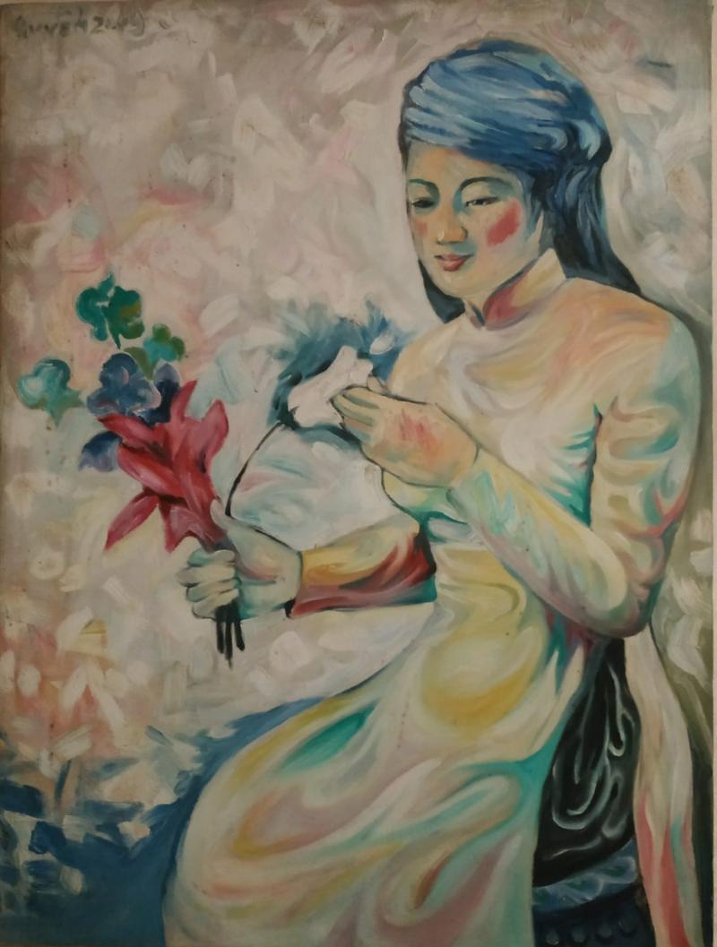 Tranh vẽ cô gái và Hoa