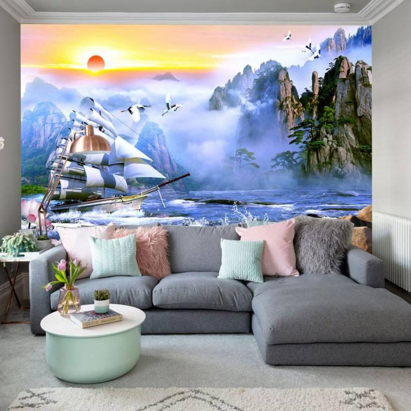 Tranh dán tường cảnh biển và thuyền buồm, mở rộng không gian và mang lại cảm giác thư giãn