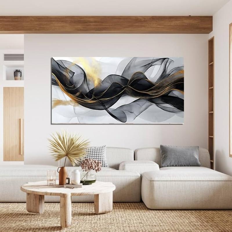 Tranh lụa trừu tượng đen trắng và vàng, vẻ đẹp của dòng chảy, sự nhẹ nhàng và thanh lịch