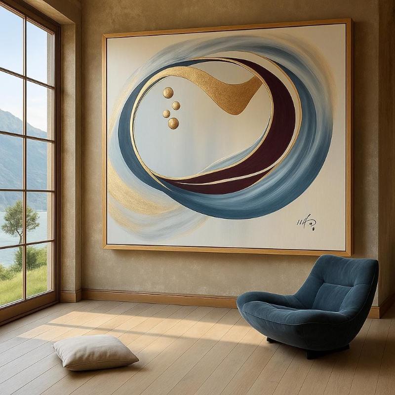 Tranh nghệ thuật trừu tượng khổ lớn, với vòng tròn đậm chất thiền và điểm nhấn vàng sang trọng