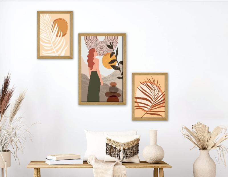 Bộ 3 tranh lá trừu tượng với gam màu đất ấm áp, phù hợp với phong cách trang trí Bohemian hoặc Tropical nhẹ nhàng.