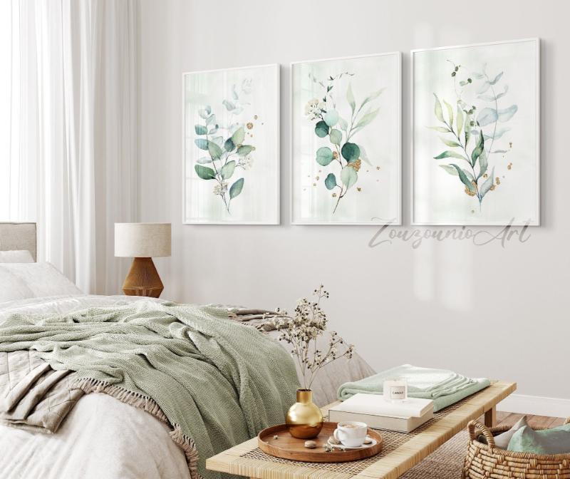 Tranh lá cây treo tường với tông màu xanh pastel, mang lại cảm giác thư thái và tinh tế cho phòng ngủ
