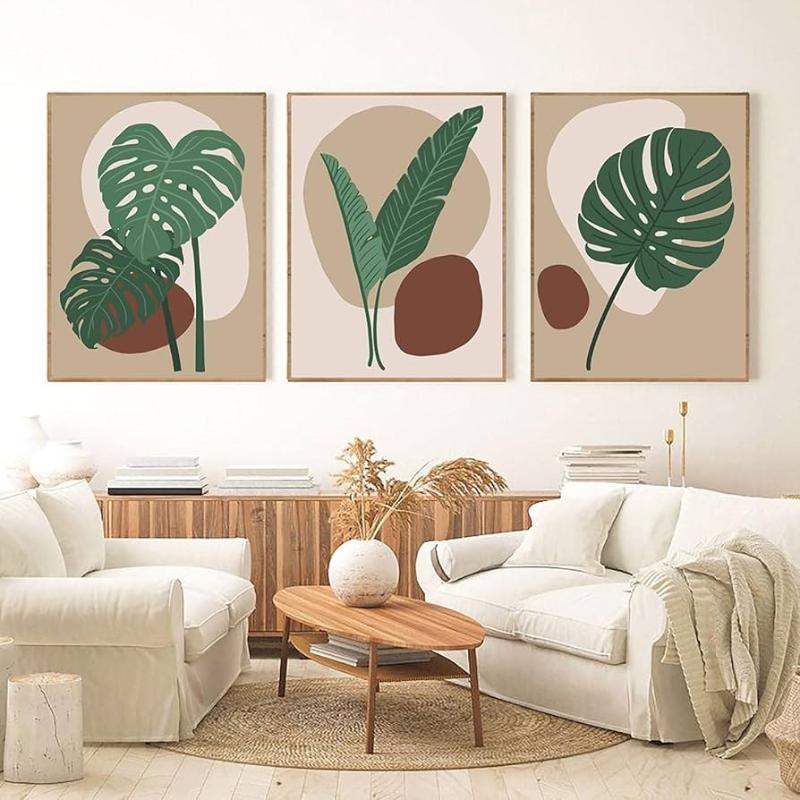 Tranh lá Tropical nghệ thuật mang gam màu xanh - nâu đất, tạo không gian thư giãn, gần gũi với tự nhiên.