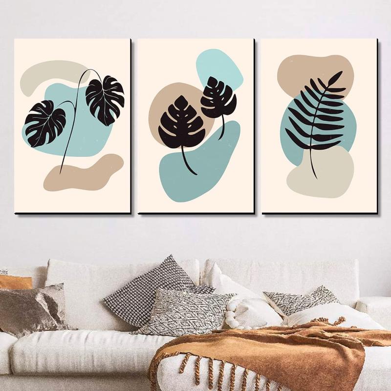 Bộ 3 tranh lá Monstera trừu tượng với hình khối và màu sắc cơ bản, phù hợp với phong cách Tối giản thanh lịch