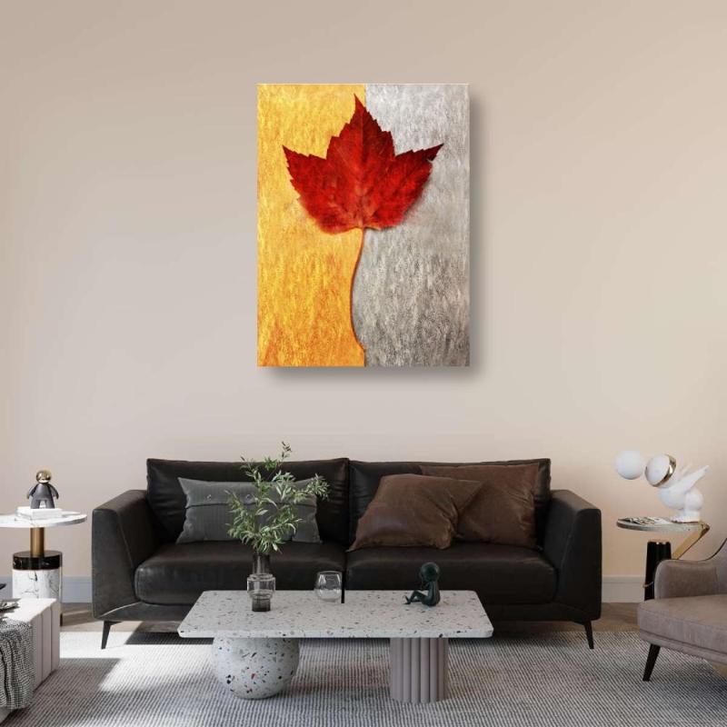 Tranh lá Phong với tông màu đỏ, vàng, gợi cảm giác ấm cúng, phù hợp cho phòng đọc sách hoặc không gian Scandinavian