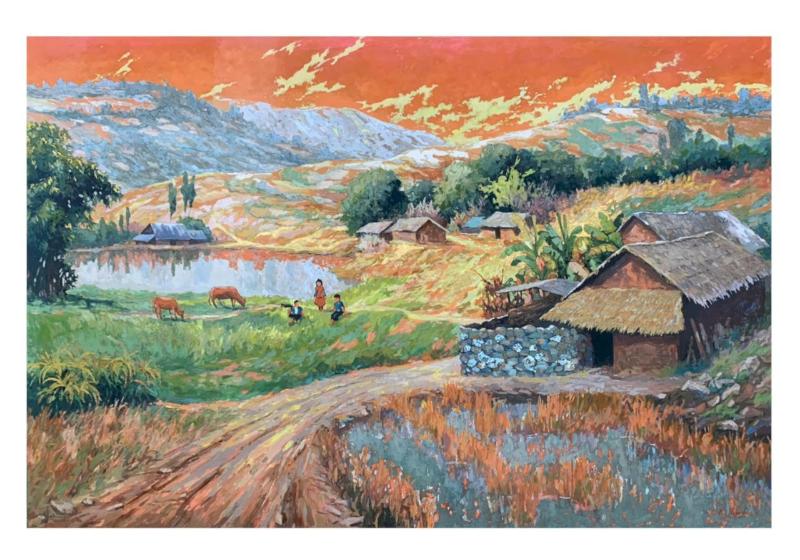 Cảnh sắc làng quê bình dị được khắc họa sống động trên tranh sơn mài.