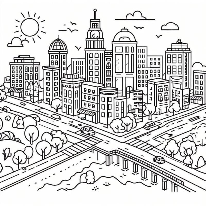 Tranh tô màu phong cảnh thành phố hiện đại