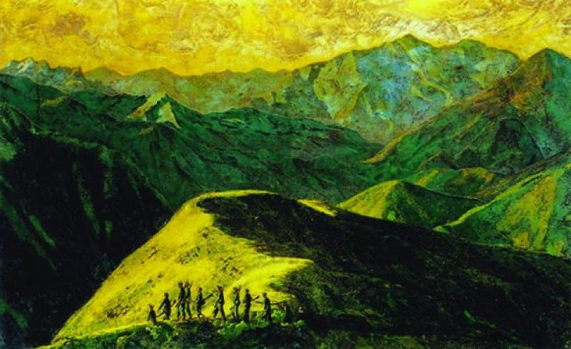 Tác phẩm sơn mài “Nhớ một chiều Tây Bắc” của Phan Kế An, gợi lên vẻ đẹp hùng vĩ và tình cảm gắn bó với vùng đất này