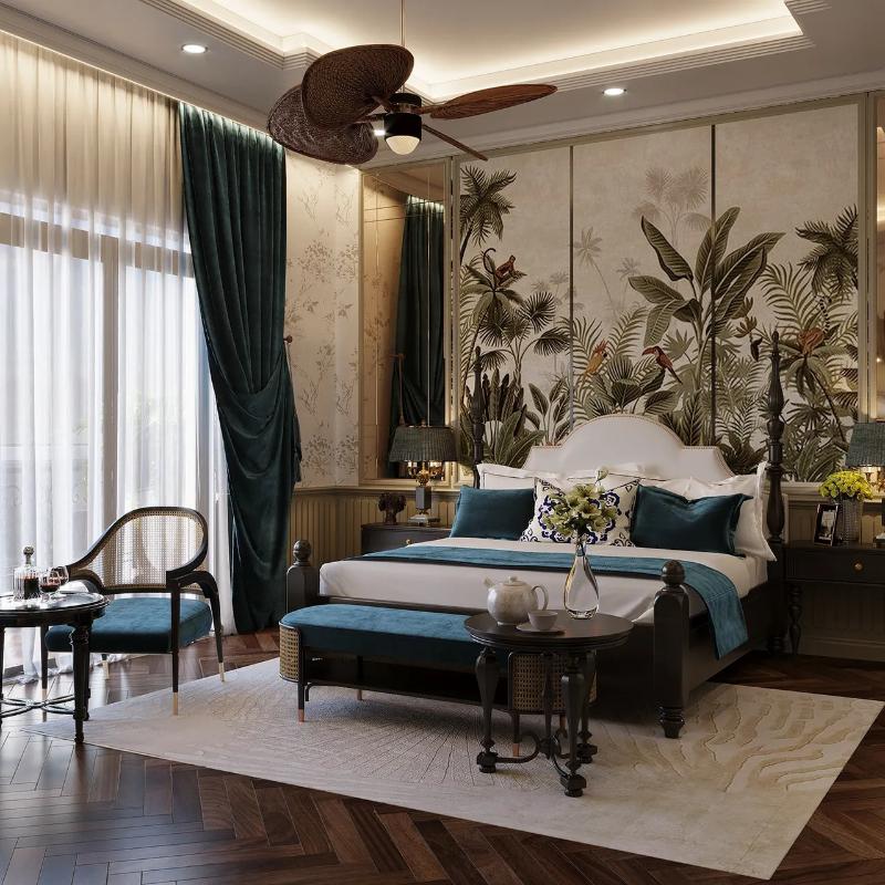 Tranh Indochine gam màu nhiệt đới mang lại cảm giác ấm cúng và gần gũi cho không gian phòng ngủ
