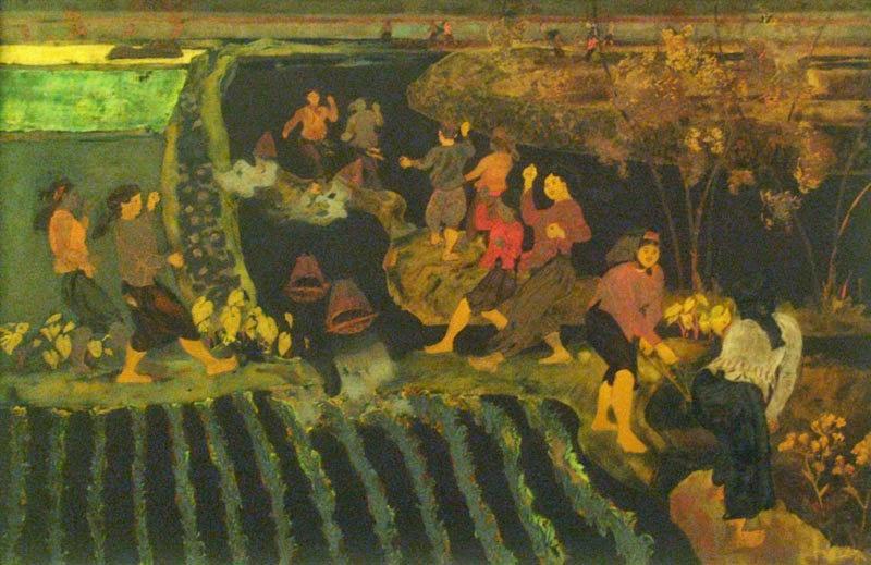 Tác phẩm tranh sơn mài Tát Nước Đồng Chiêm của họa sĩ Trần Văn Cẩn