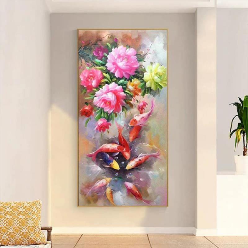 Tranh Canvas Tranh phong thủy cá chép và hoa mẫu đơn
