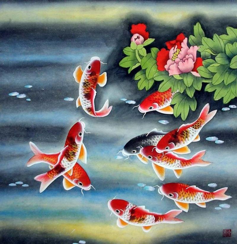 Tranh Bát Ngư gần âm với "Phát", tượng trưng cho sự phát đạt, thăng tiến bền vững