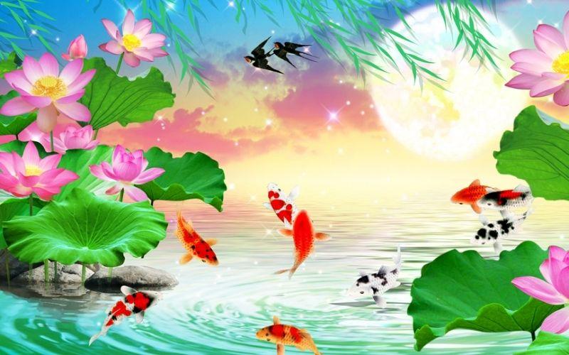 Tranh cá chép vượt Vũ Môn bên hoa sen có hình ảnh chân thực
