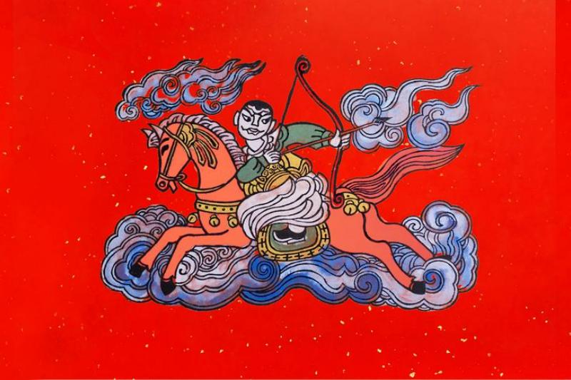 Tranh Kim Hoàng – Hồi sinh tranh tết thất truyền 7 thập kỷ 17 Tranh vị tướng cưỡi ngựa giương cung thể hiện tinh thần dũng mãnh, bảo vệ