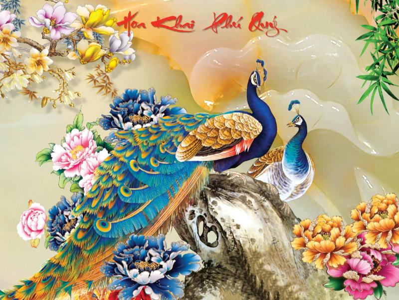 Tranh Chim Công khoe sắc giữa rừng hoa rực rỡ