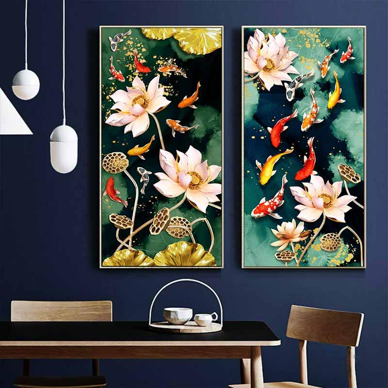 Treo tranh Cá Chép Hoa Sen hướng Chính Bắc, Chính Đông hoặc Đông Nam