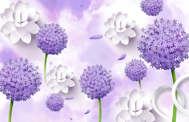 Tranh dán tường hoa 3D màu tím lãng mạn, phù hợp để tạo không gian rực rỡ và nữ tính