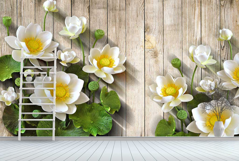 Mẫu tranh dán tường hoa sen 3D trên nền gỗ mộc, mang lại cảm giác thư thái, tĩnh tại và gần gũi với thiên nhiên