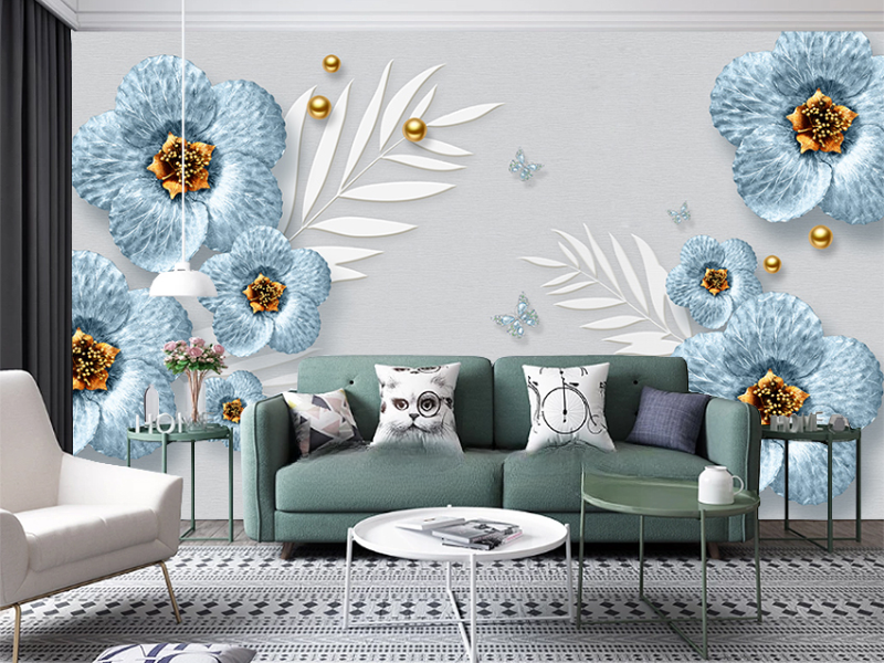 Tranh dán tường hoa xanh 3D nổi bật, kết hợp hài hòa với nội thất hiện đại, tạo nên một không gian phòng khách sang trọng