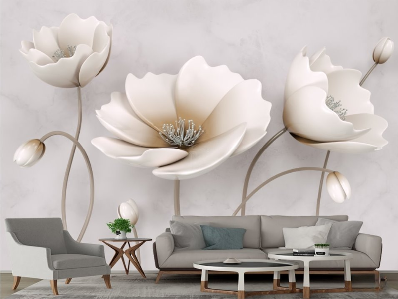 Tranh dán tường hoa 3D tông màu kem nhẹ nhàng, là lựa chọn lý tưởng để tạo điểm nhấn nghệ thuật và ấm cúng cho phòng khách