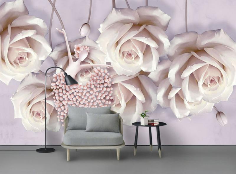Tranh dán tường 3D hoa hồng và vũ công tạo điểm nhấn lãng mạn, mang lại chiều sâu ấn tượng cho không gian sống