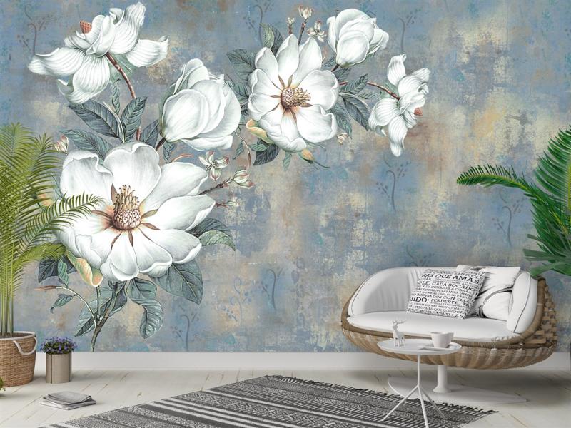 Tranh dán tường hoa mộc lan trắng kết hợp nền cổ điển, mang vẻ đẹp tinh tế và nghệ thuật cho phòng khách hoặc khu thư giãn