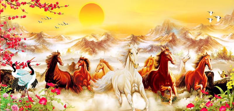 Tranh dán tường Mã Đáo Thành Công phong thủy, với đàn ngựa phi trong cảnh bình minh, tượng trưng cho tài lộc và thành công