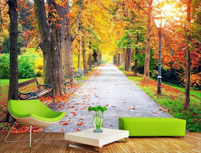 Tranh dán tường phong cảnh rừng thông rụng lá mùa thu  thơ mộng