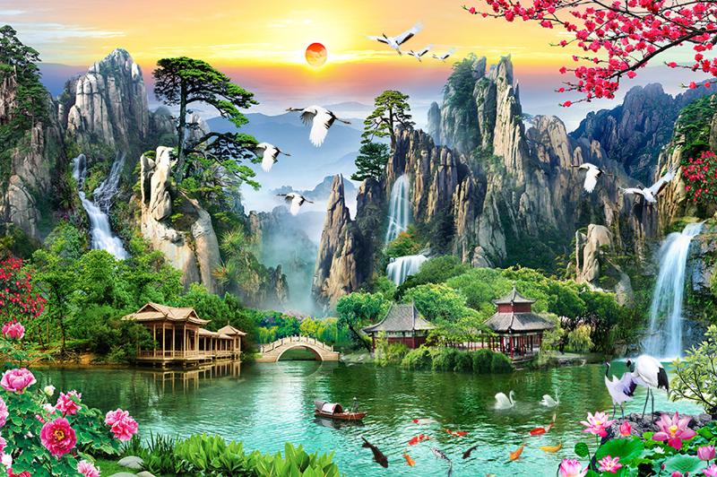 Tranh dán tường sơn thủy hữu tình, tạo cảm giác thư thái và cân bằng cho không gian