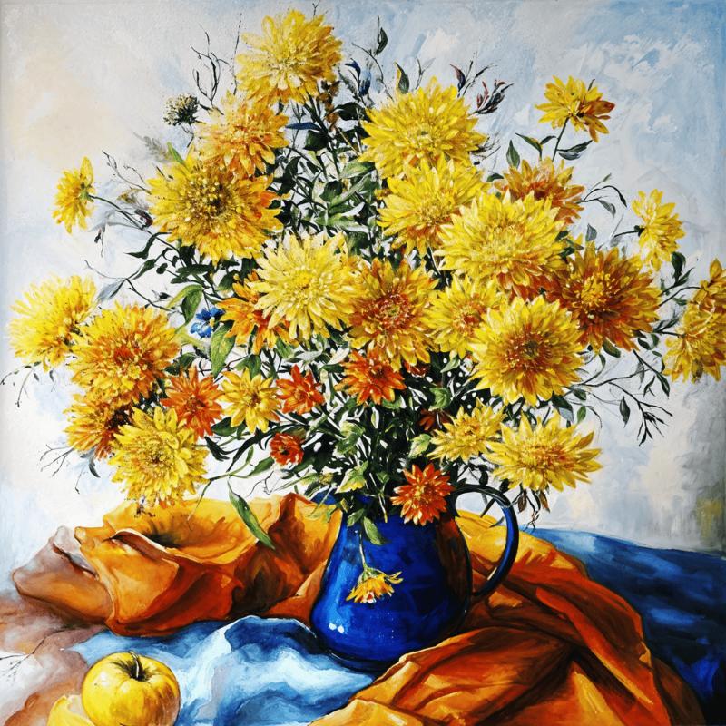 Tranh hoa cúc vàng với sắc vàng rực rỡ tượng trưng cho ánh sáng, niềm vui và sự phú quý, bức tranh mang đến vẻ đẹp sang trọng, tươi sáng và tràn đầy năng lượng tích cực