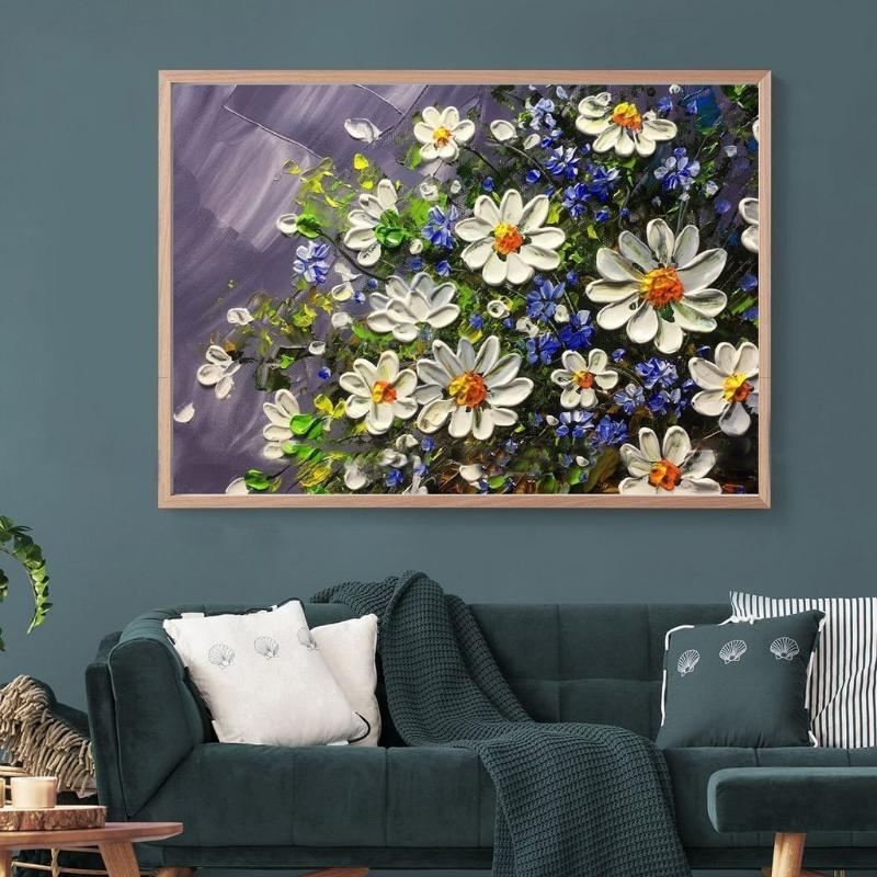 Treo tranh hoa cúc trắng sơn dầu trong phòng khách, phòng ngủ hoặc không gian thiền giúp giảm căng thẳng, cân bằng năng lượng và mang đến cảm giác an nhiên, dễ chịu