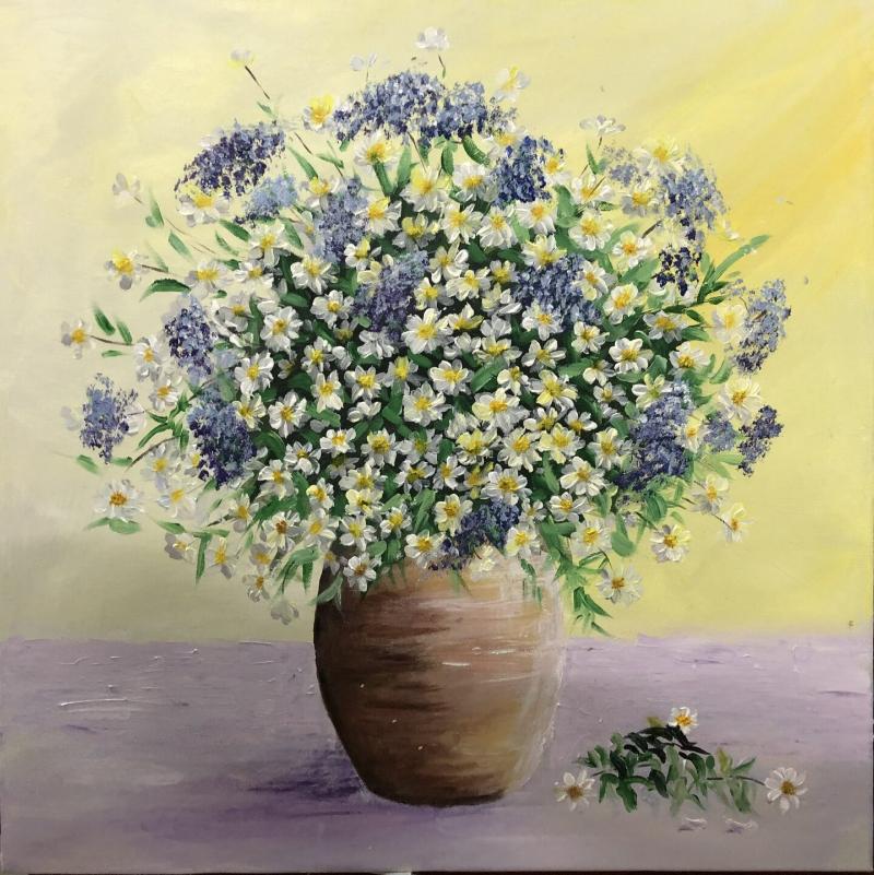 Tranh hoa cúc tím trắng chứa đựng ý nghĩa phong thủy và nhân sinh sâu sắc, tượng trưng cho tình yêu, sự biết ơn, bình an và hạnh phúc bền lâu