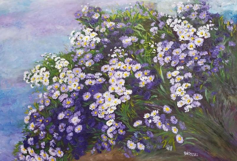 Tranh hoa cúc thạch thảo tím có ý nghĩa về tình yêu thủy chung, lòng biết ơn và sự bền bỉ trong cảm xúc