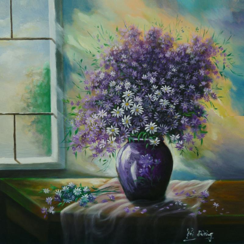 Bức tranh hoa cúc tím tượng trưng cho tình yêu lâu dài, sự gắn bó và niềm trân trọng những mối quan hệ quý giá trong cuộc sống