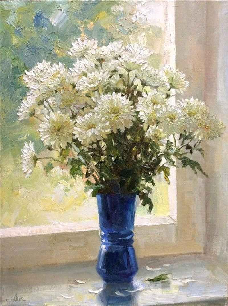 Tranh lọ hoa cúc trắng trong tranh tượng trưng cho sự gìn giữ, bảo vệ và trân trọng những giá trị tinh thần.