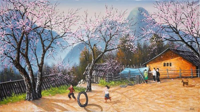 Tranh hoa đào phong cảnh tây bắc mang ý nghĩa chúc phúc thọ, xua đuổi tà khí, và thể hiện vẻ đẹp nên thơ của mùa xuân núi rừng