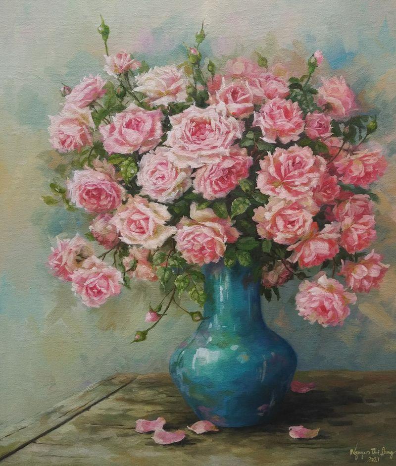 Tranh hoa hồng sơn dầu nổi bật với màu sắc phong phú và đường nét mềm mại