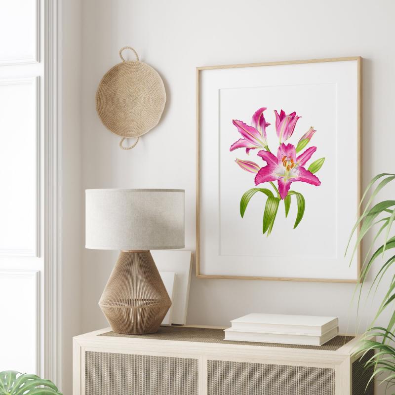 Bức tranh hoa ly hồng rực rỡ trong khung gỗ mộc mạc, là biểu tượng của sự sang trọng và tinh tế trong nghệ thuật trang trí.